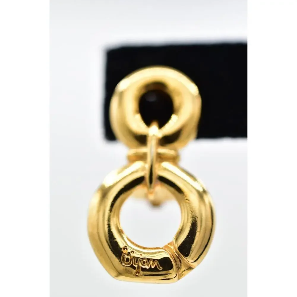 Bijan Vintage Clip On Earrings Chunky Gold Dangle Door Knocker Signed 1980s 9L